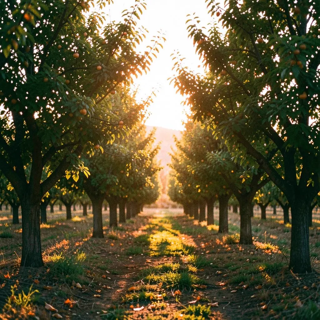 Rows of orchard trees backlit at golden hour in Delta County