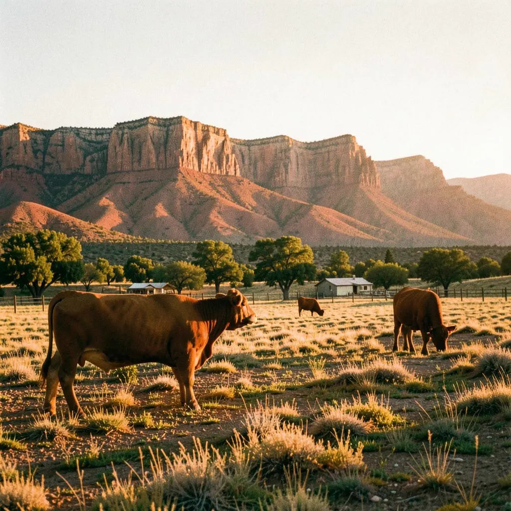 Cattle grazing on Western Colorado ranchland with mesas behind