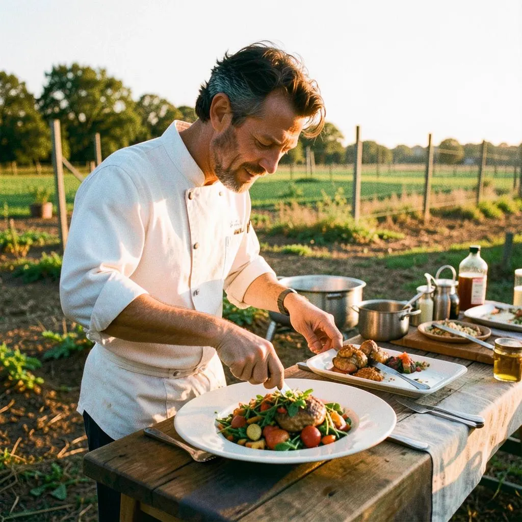 Chef plating a dish at an outdoor catering table on a farm