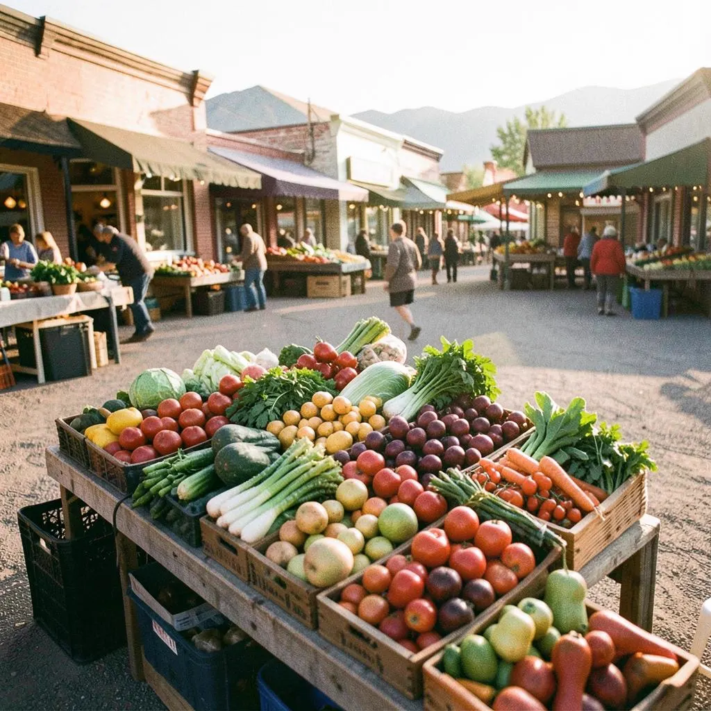 Farmers market table piled with local Colorado produce
