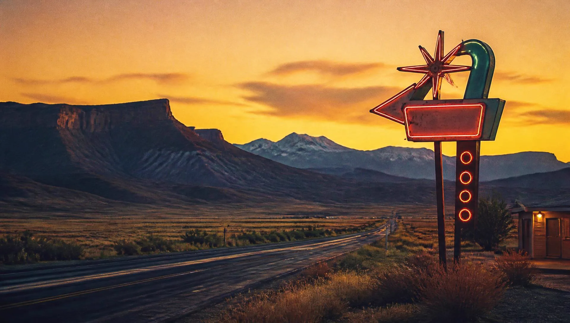 Highway 50 at golden hour past a vintage motel neon sign with Western Colorado mesas beyond