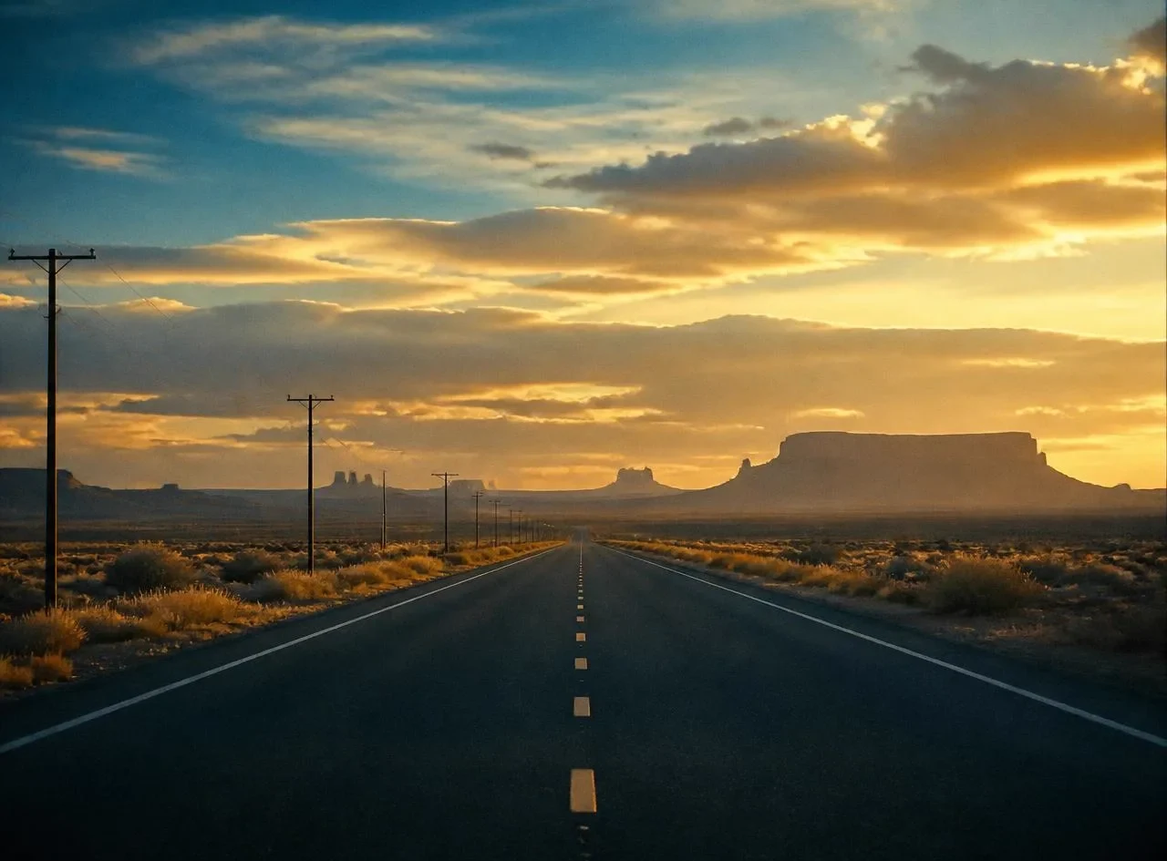 Empty two-lane highway with a dashed centerline running toward distant mesas at sunset