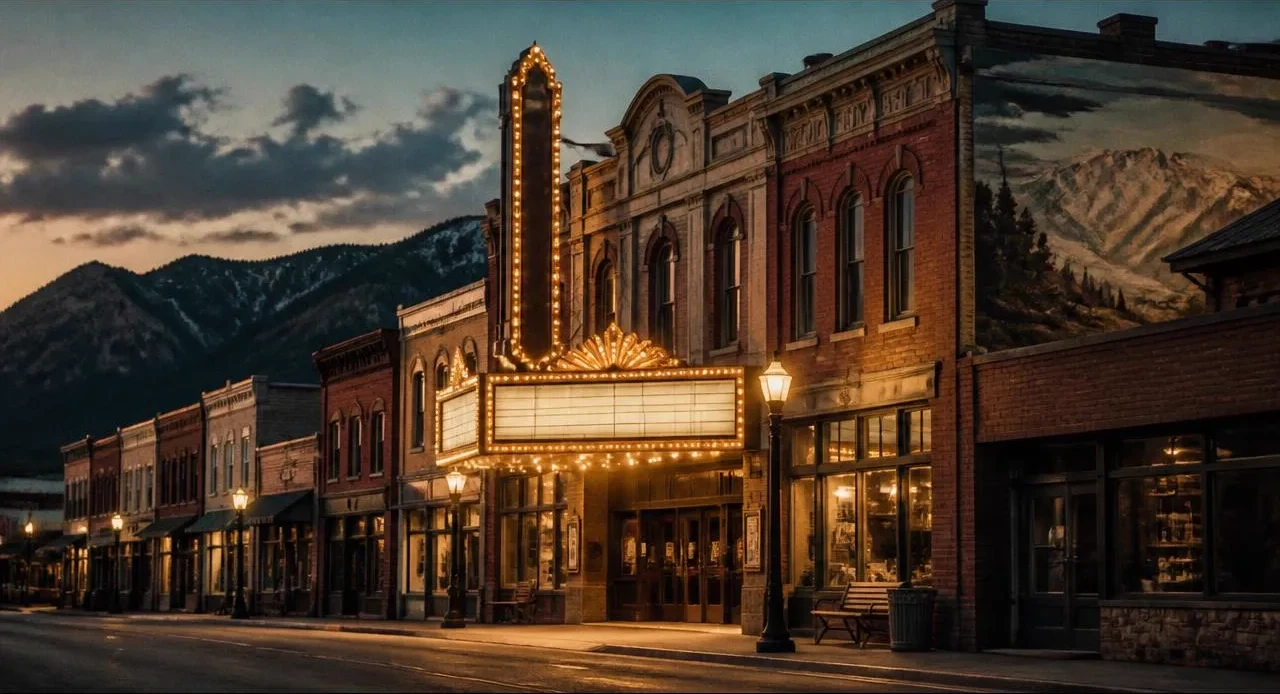 Historic Western Colorado main street at dusk with a lit vintage theater marquee and painted mural