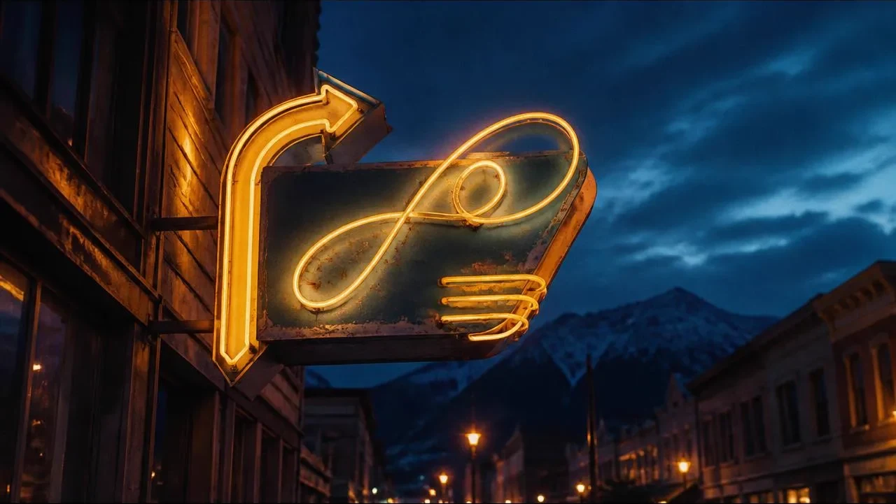 Glowing vintage neon sign on a small Western Colorado main street against a deep blue dusk sky
