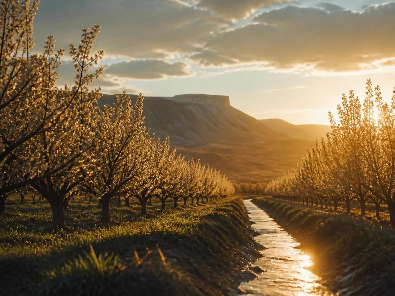 Rows of blossoming orchard trees beside an irrigation ditch with a mesa behind at sunset