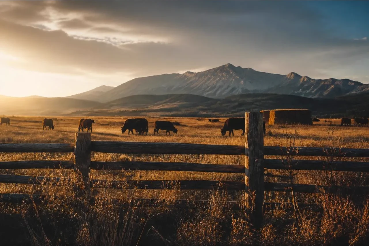 Cattle grazing behind a weathered wooden fence on Western Colorado ranchland at golden hour