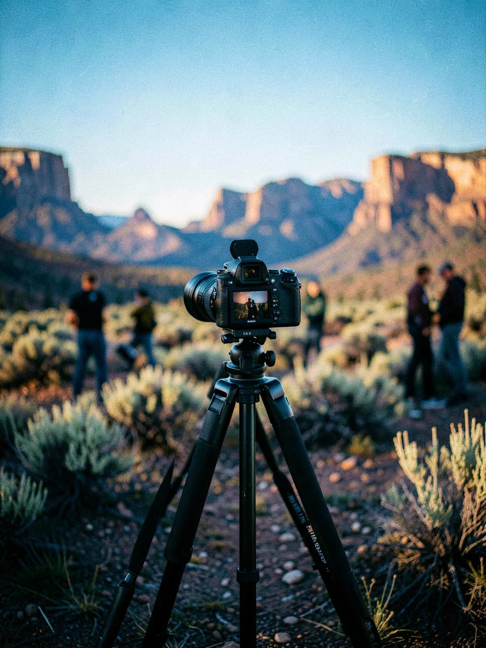 Digital cinema camera on a tripod set up on location in Western Colorado high desert