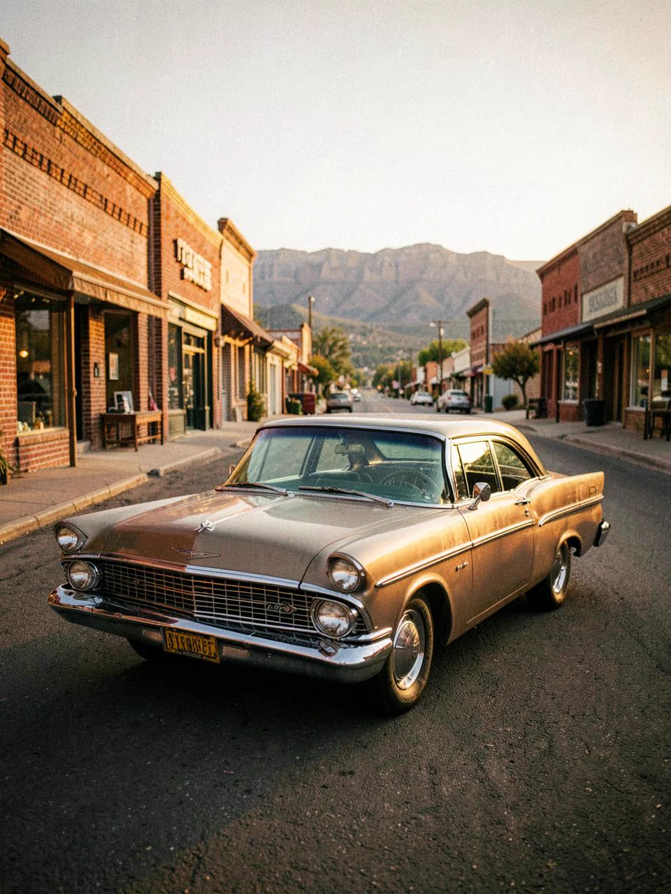 Classic vintage car parked on a historic Western Colorado main street at golden hour