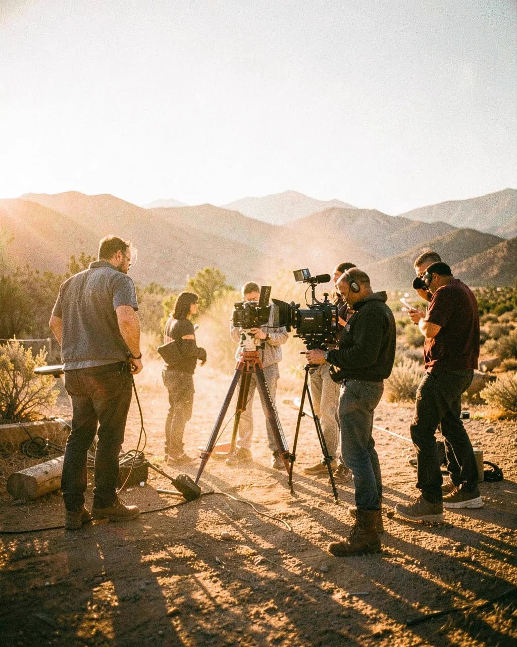 Film crew working around a cinema camera on a Western Colorado set at golden hour