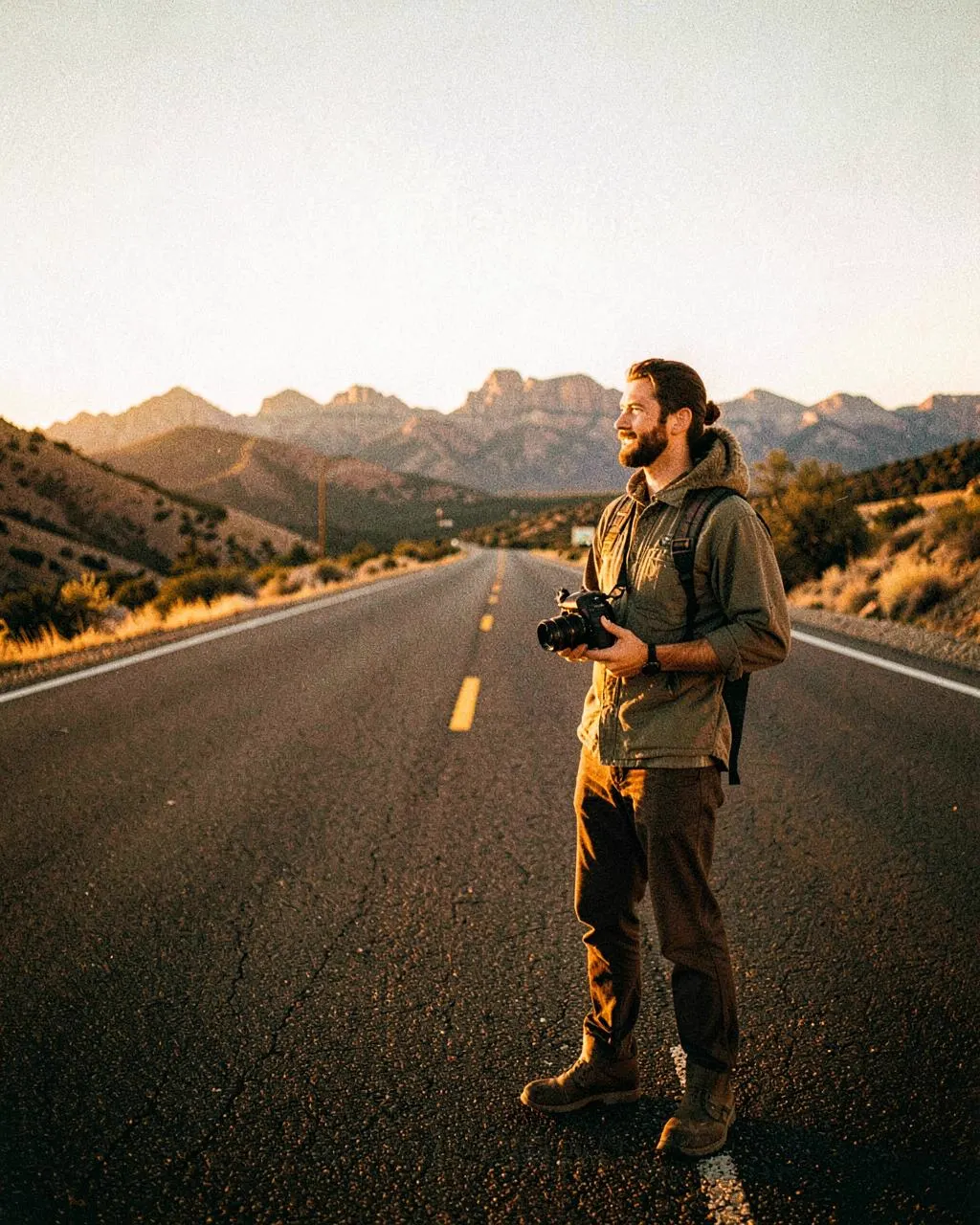 Location scout with a camera standing on an empty Colorado highway at sunset