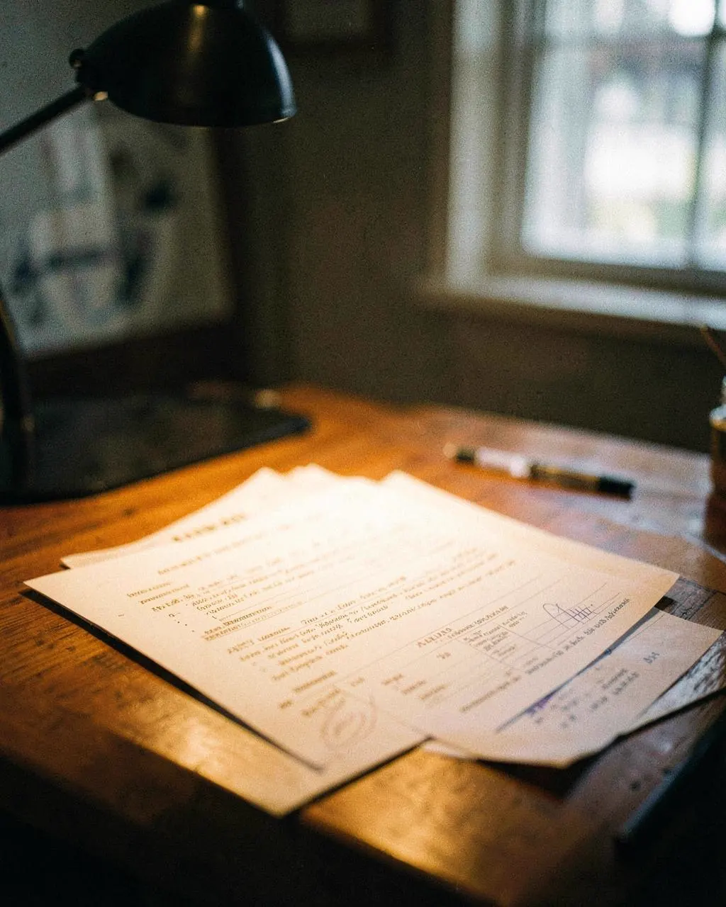 Permitting paperwork and a pen spread across a wooden desk under warm lamp light