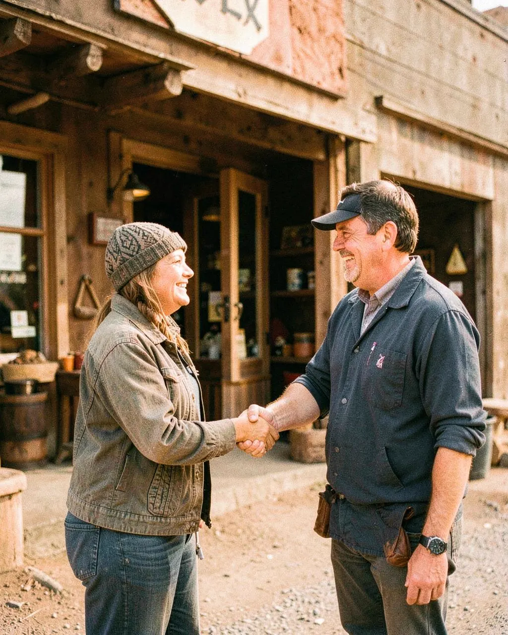 Local vendor and production manager shaking hands outside a rustic storefront