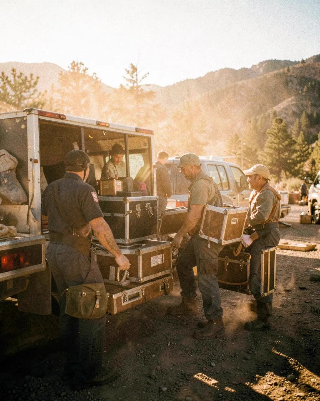 Crew loading production equipment cases into a truck at golden hour