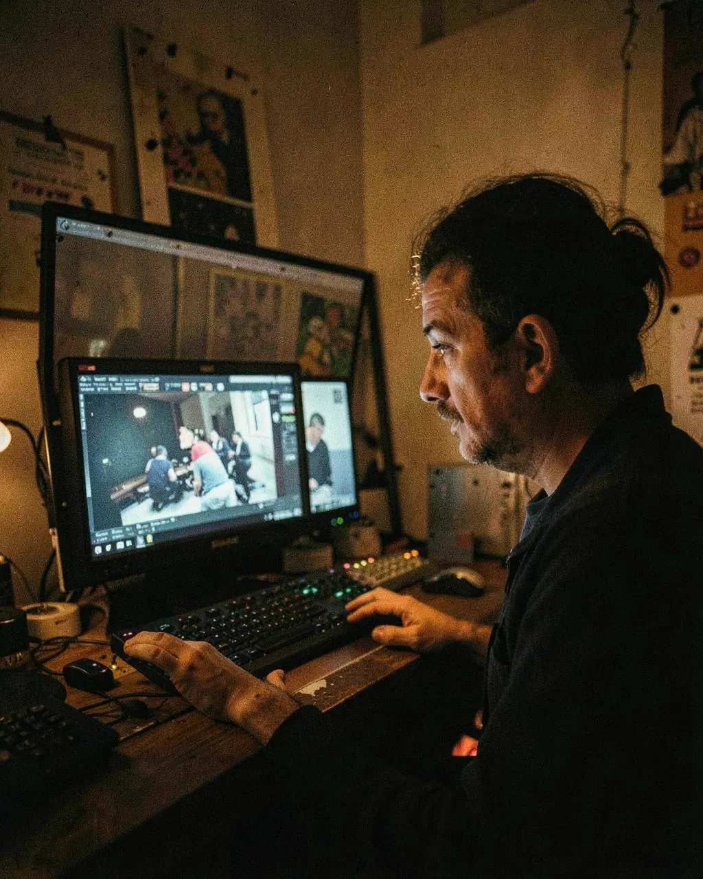 Independent filmmaker reviewing footage on a monitor in a small edit space